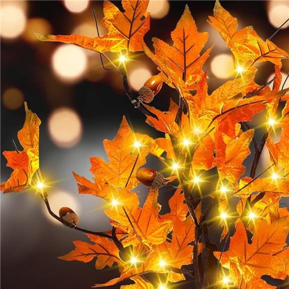 24-inch Fall Lighted Maple Tree with Acorns, 24 LED Lights Thanksgiving Decor - Picture 3 of 7